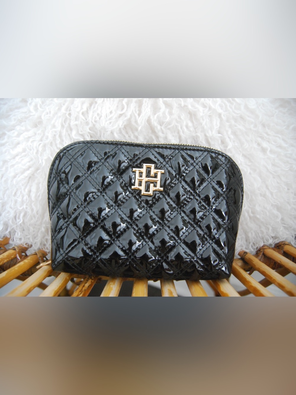 Glossy Quilted Black Patent Cosmetic Pouch with Gold Monogram